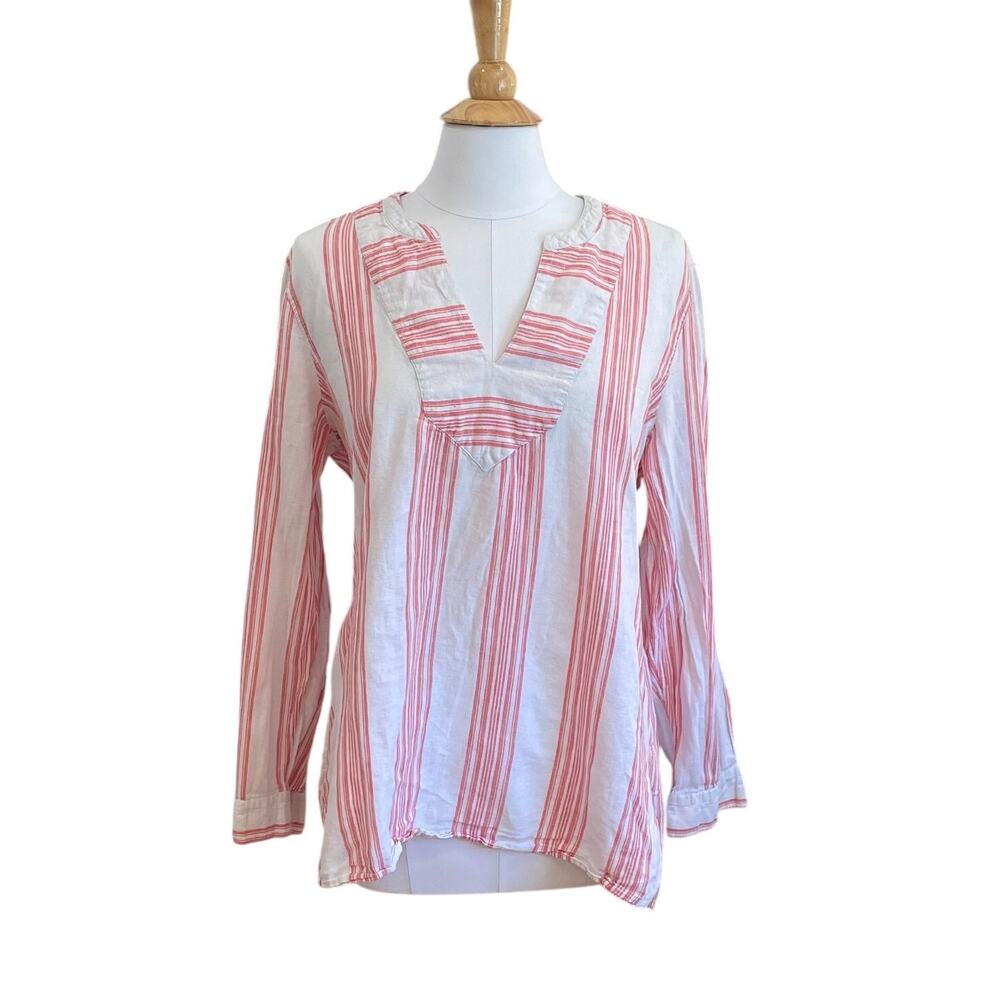 Old Navy Linen Blend Pink Stripe Roll Tab Long Sleeve Tunic, Coastal, Size XL